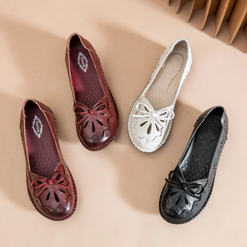 Luxury Genuine Leather Ballet Flats Women's Loafers Dressy Fed Flats Mocasines Mujer Woman Flat Hollow Shoes With Slip On Bow