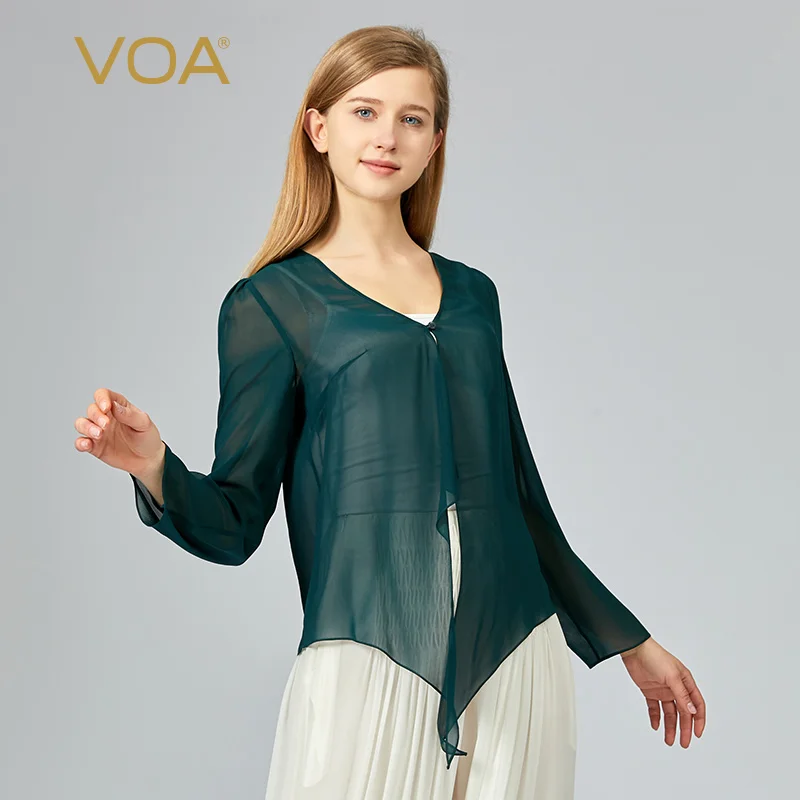 

VOA Georgette Mulberry Silk Malachite Green Long-sleeve V-neck One-button Point Hem Straight Sun Protection Silk Cardigan WE179