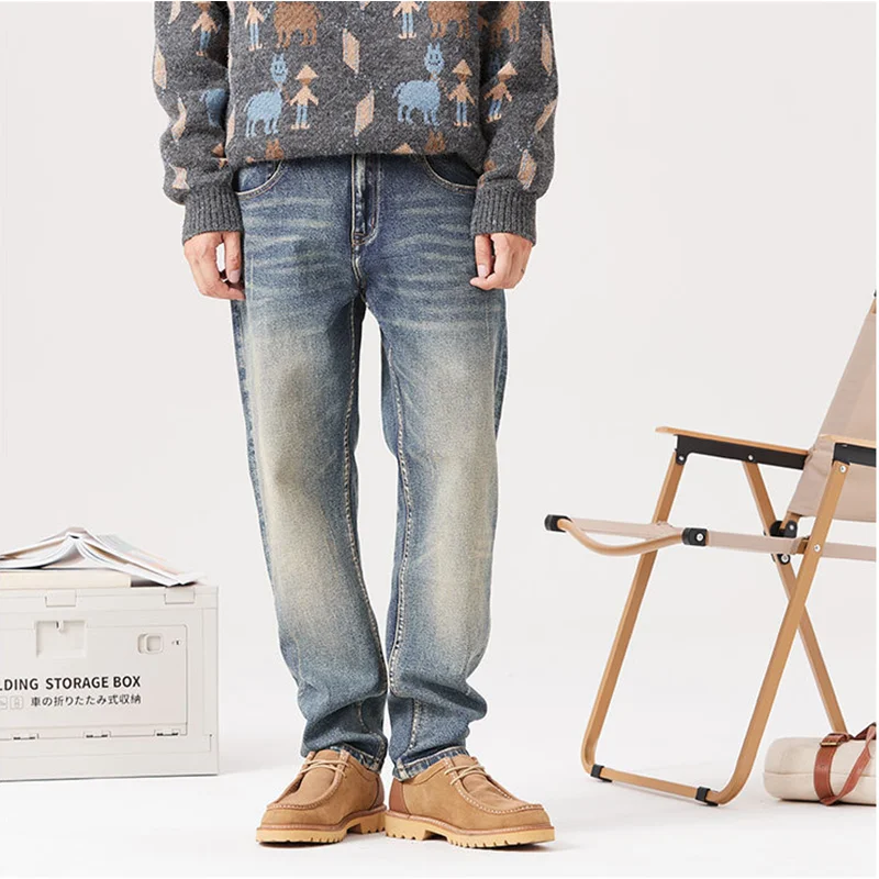 Men Clothing 2022 New Pattern Vintage Nostalgia Recreational Blue Pants Straight Cylinder Comfortable Loose Jeans Autumn Female