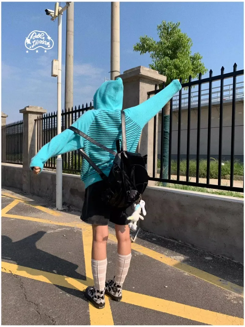 2024 новый японский оригинальный дизайн осенний озерно-синий полосатый свитер с