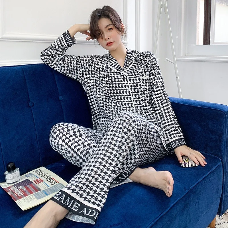 Silk Houndstooth Women's Pajamas Satin Sleepwear Autumn Pijamas Elegant Pyjamas Luxury Loungewear Long Sleeve Female Set