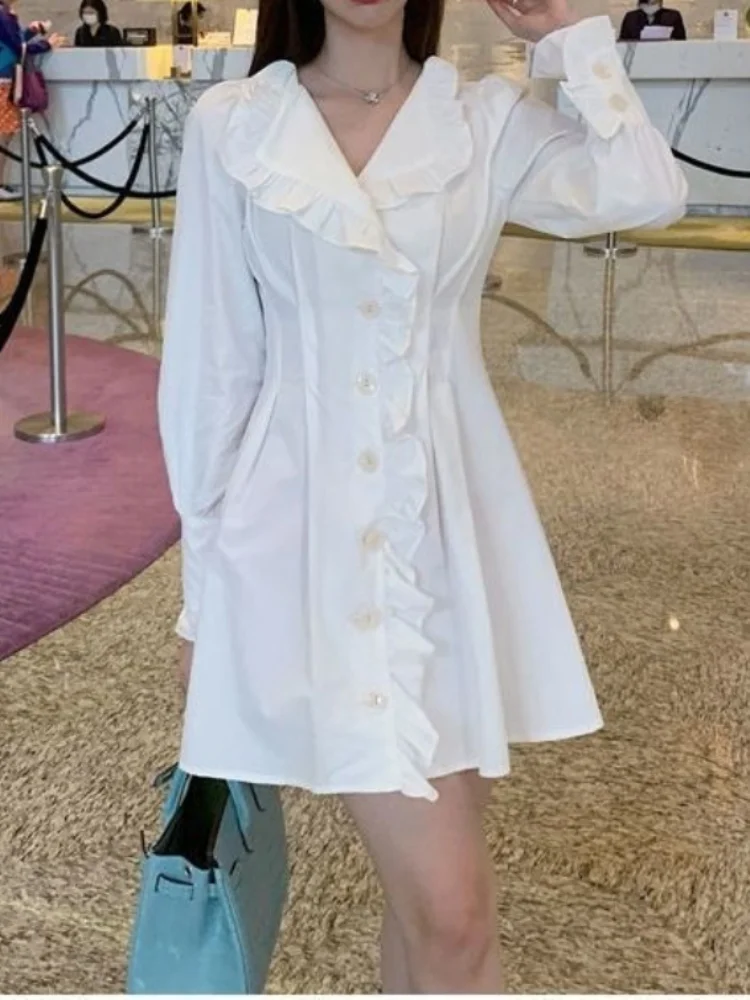 

QWEEK Office Ladies White Shirt Dress Women Korean Fashion Wrap Slim Kawaii Ruffles Mini Short Dresses Classic Solid 2023 Spring