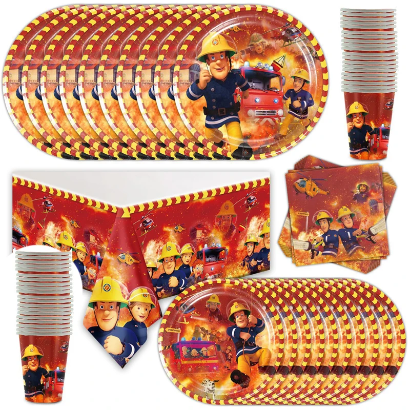 

61pcs/lot Fireman Theme Tablecloth Happy Birthday Party Plates Cups Dishes Decoration Baby Shower Napkins Towels