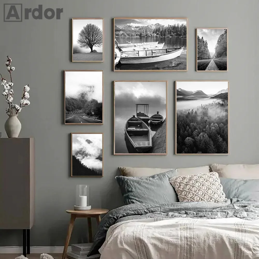 

Black And White Lake Boat Tree Painting Fog Forest Mountain Canvas Art Poster Natural Landscape Print Wall Pictures Home Decor