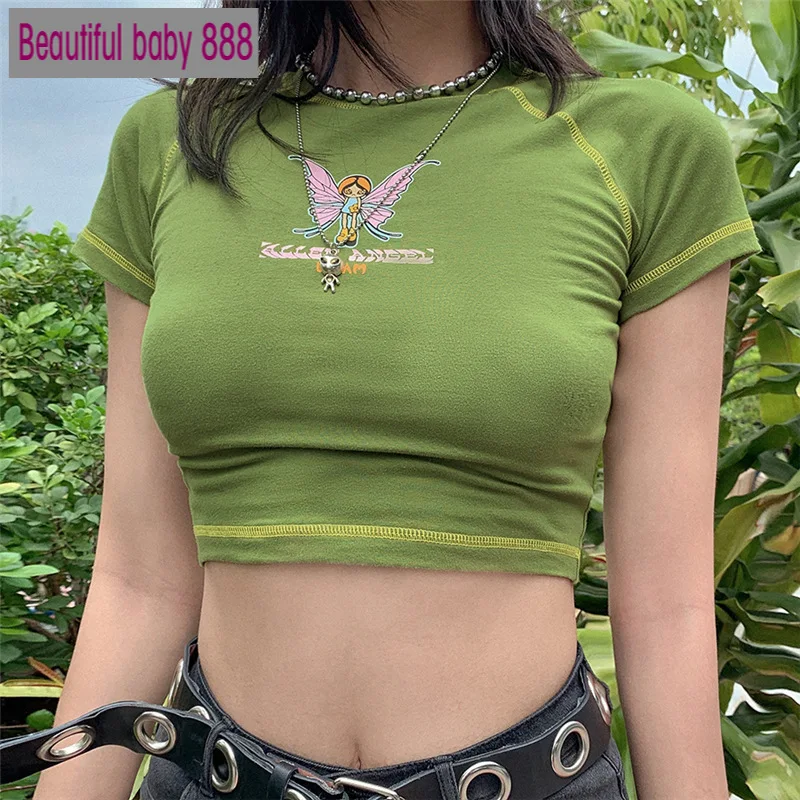 

Meqeiss E-girl Butterfly Graphic and Letter Printing Stitch Green Crop Tops Y2K Summer Grunge Style O-neck Short Sleeve T-shirts