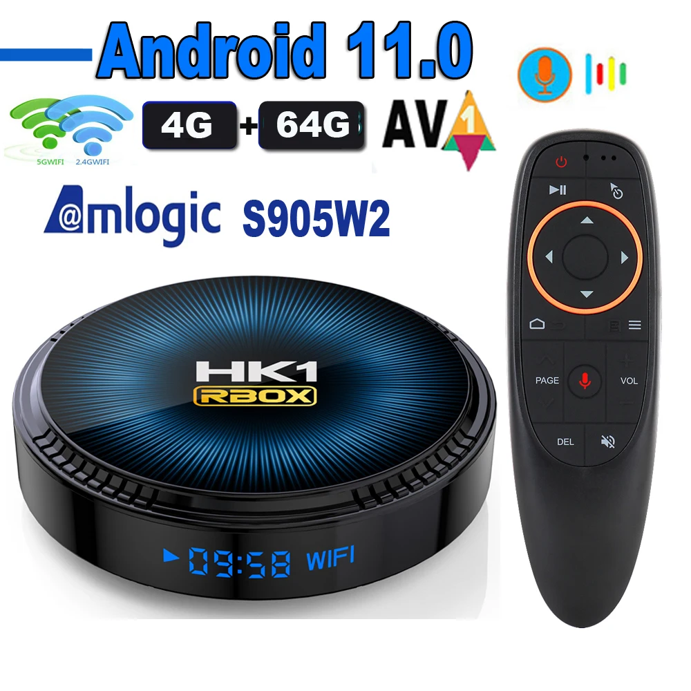 ТВ-приставка HK1 RBOX W2 Android 11 Amlogic S905W2 2 4G двойной Wi-Fi BT 3D H.265 4K HDR 16 ГБ 32 64