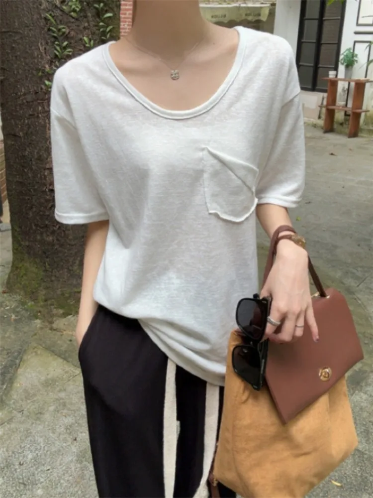 Pphome Lazy Weekend ~ хлопковая футболка с U-образным воротником и карманами короткими