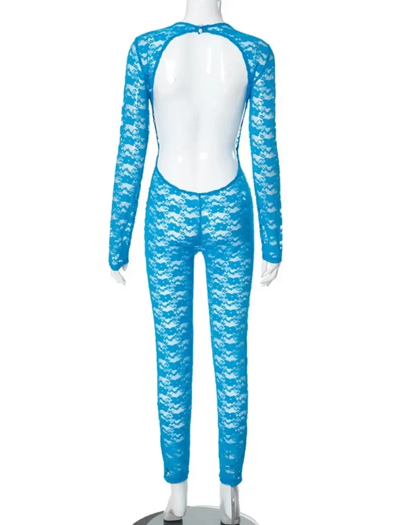 Сексуальные прозрачные кружевные комбинезоны с круглым вырезом и длинными