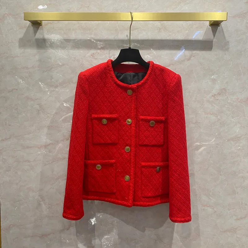 

New 4 female red pocket short coat diamond lattice tweed wool weaving ribbon short jacket