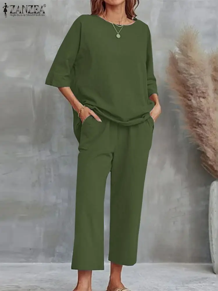 

ZANZEA Woman Fashion Urban Tracksuits Suit Two Piece Sets O-Neck Half Sleeve Blouse Ankle Length Pant Elegant OL Office Outifits