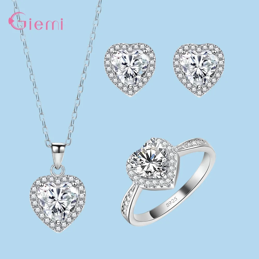 

Hot Sale 925 Sterling Silver 2023 New Arrival Heart Type Classical Inlaid Necklace Earrings Ring Jewelry Sets For Women Girls