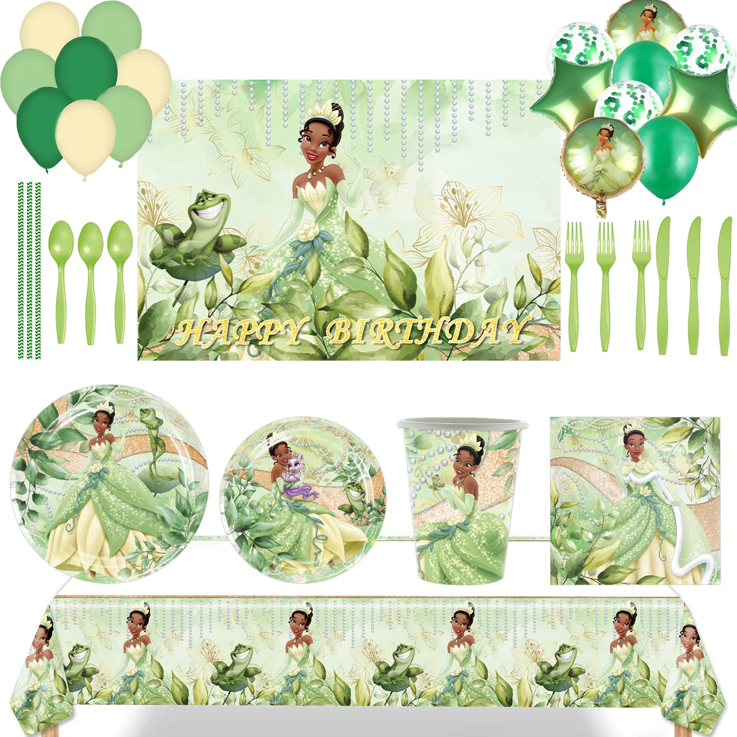 

Cartoon Disney Tiana Princess Theme Birthday Party Decoration Banner Background Cloth Balloon Set Flag Baby Shower Girl Kid Gift