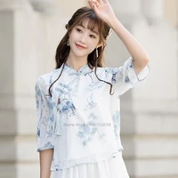 2022 traditional chinese women chiffon blouse vintage hanfu cheongsam tops national crane print chiffon blouse retro shirts