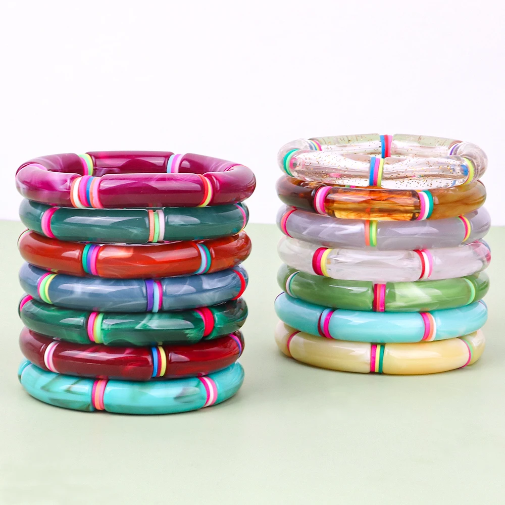 

FishSheep 2022 Trendy Acrylic Bamboo Bracelets For Women Boho Resin Elastic Tube Beads Polymer Clay Bracelet Fashion Jewelry
