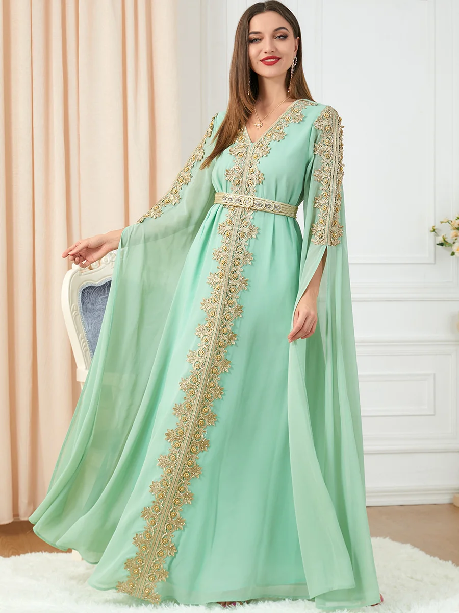 Muslim Women V-neck Dress Abaya Party Dresses Long Sleeve Abayas Middle East Dubai Turkey Islam Kaftan Robe Longue Vestidos Eid