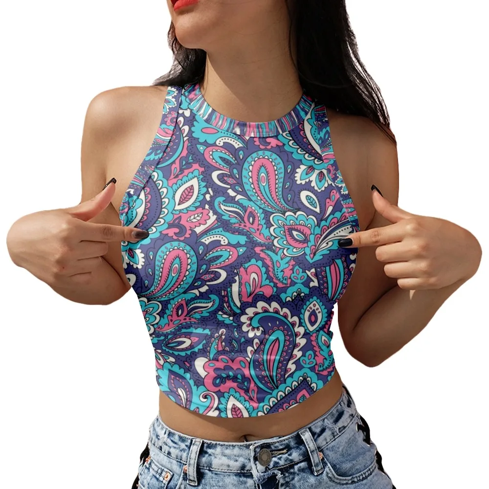 

Летняя пикантная укороченная майка до пупка с богемным принтом 2022, Пляжная Гавайская майка без рукавов, футболка-