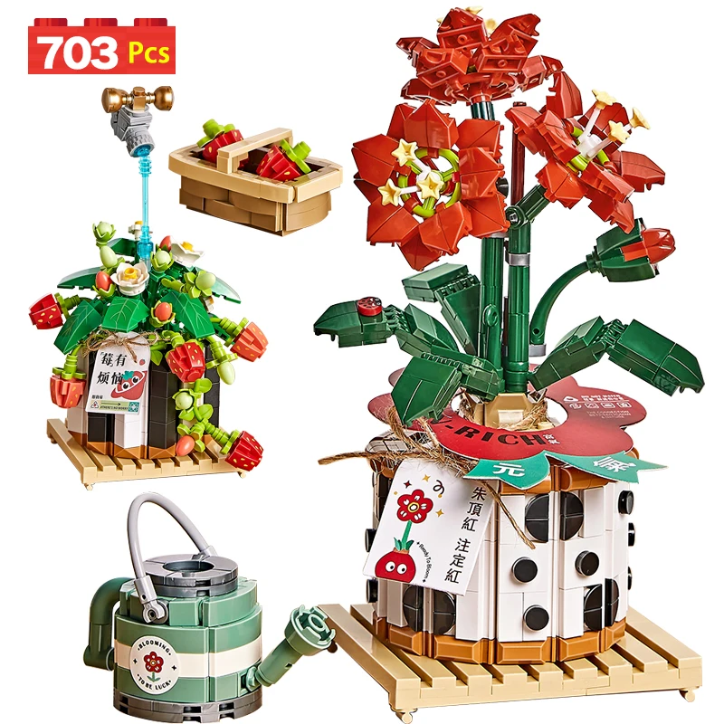 

703pcs City Mini Bouquet Potted Simulation Flower Building Blocks Strawberry House Decoration Bricks Toys For Children Gifts