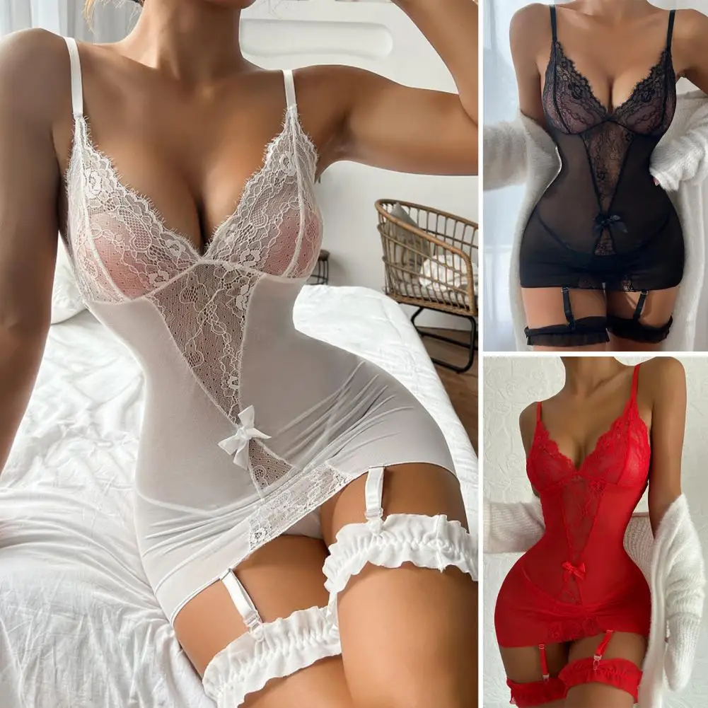 

Sexy Pajamas Dress Briefs Sleeveless Charming Ladies Sleepwear Crochet Lace See-through Ladies Sleepwear Briefs Set