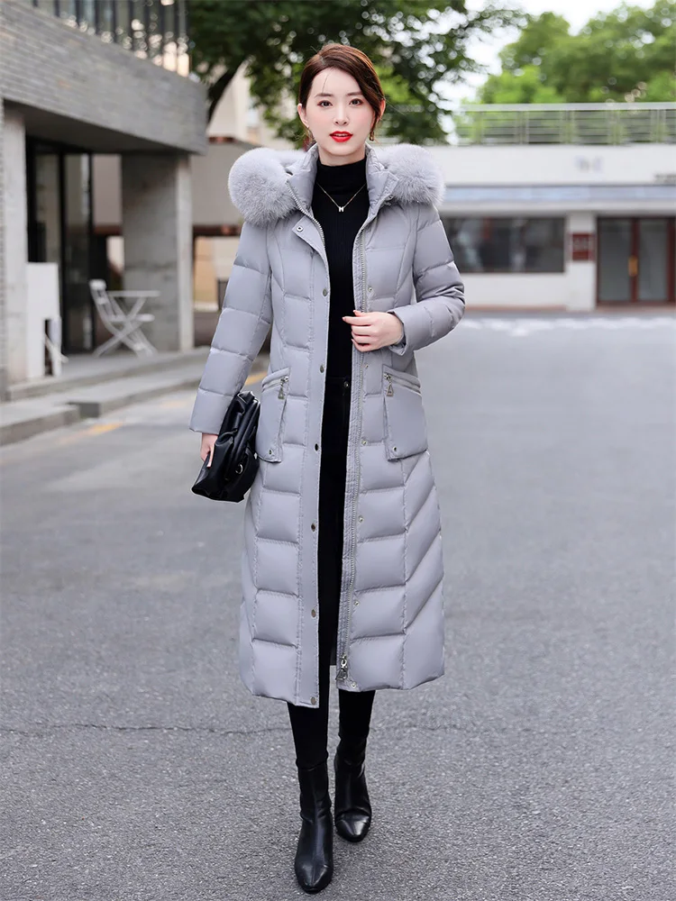 New Women Winter Down Coat Fashion Detachable Real Fox Fur Collar Thicken Slim Long Down Jacket White Duck Down Hooded Overcoat