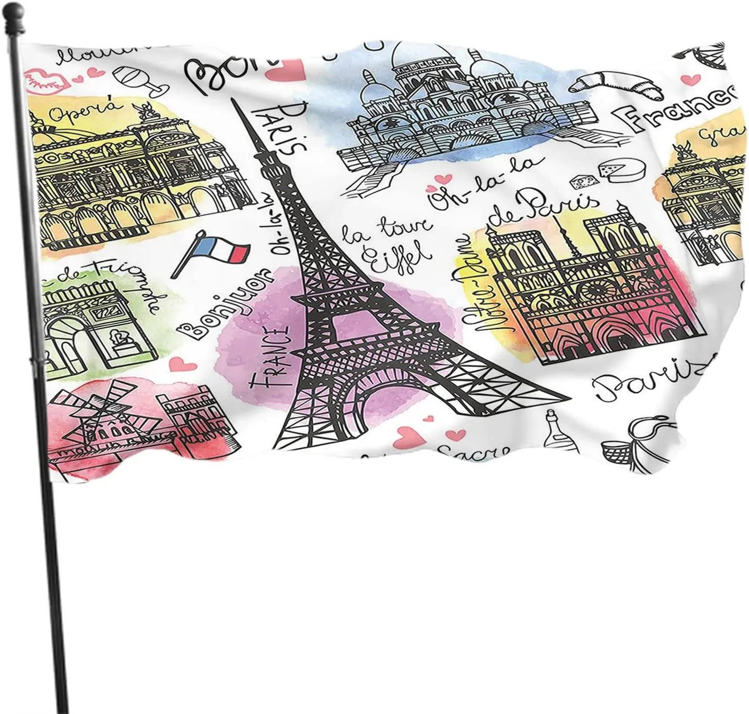 

Paris Flag France Landmark Flags Doodle Eiffel Tower Word Bonjuor Love Hearts Bike Outdoor Flags Large Welcome Yard Banners