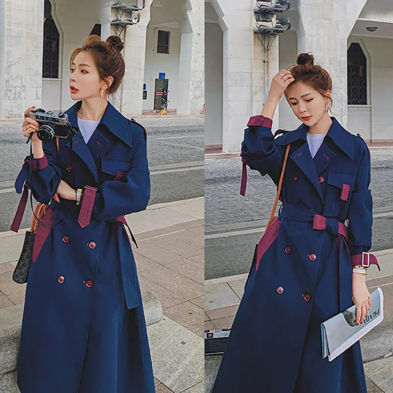 Женская Длинная ветровка повседневная куртка темно-синего цвета с прострочкой