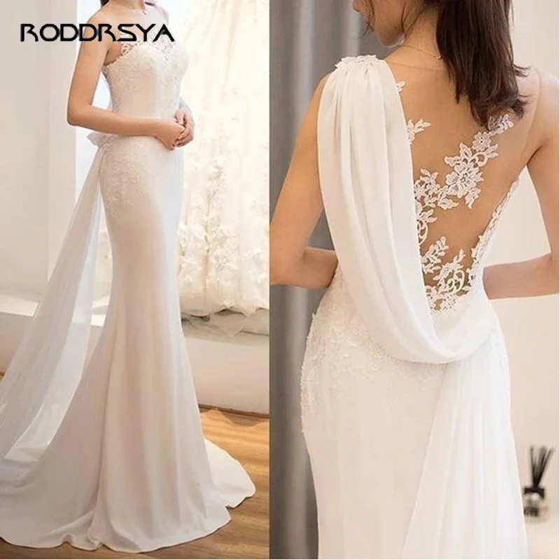 Sexy Braut Meerjungfrau Sommer Chiffon Hochzeit Kleid Plus Größe Illusion Spitze Appliques Robe De Mariée Für Frauen Nach Maß