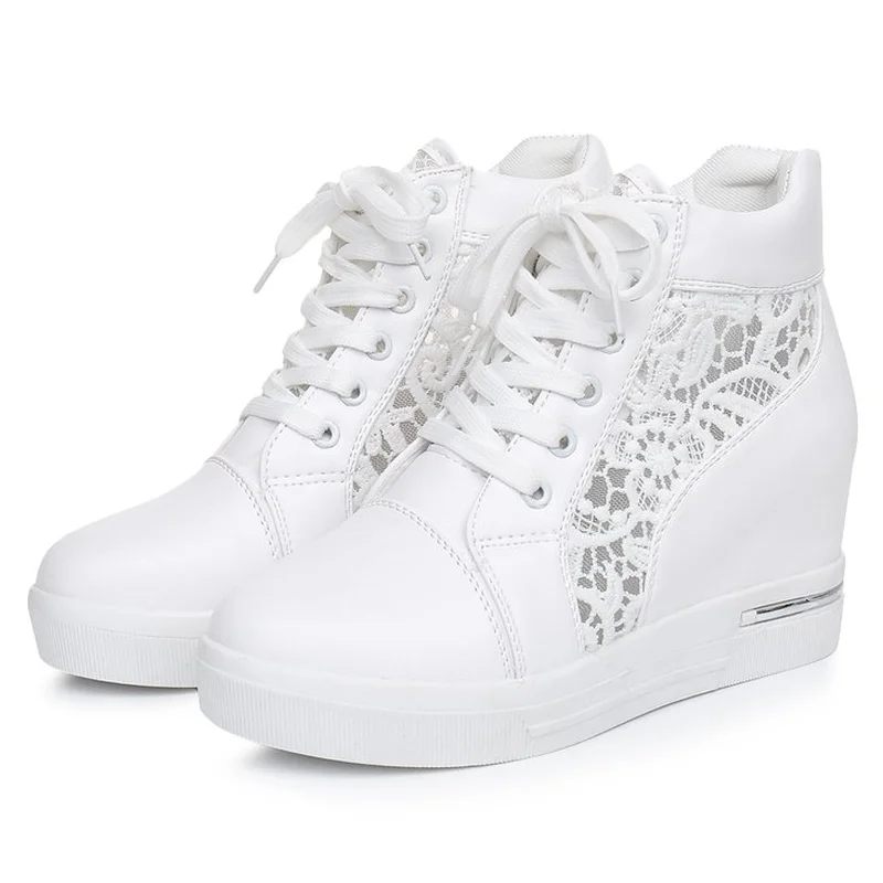 

Women Wedge Platform Sneakers Rubber Brogue Leather High heels Lace Up Shoes Pointed Toe Height Increasing Creepers White Silver