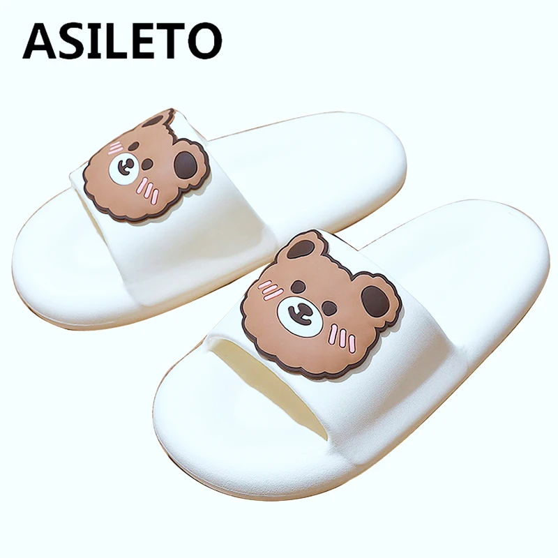 

ASILETO 2022 Women's Summer Slippers Beach Slides Bear Soft Bottom EVA For Girls Solid White Pink Bathroom Shoes Anti-Slip S3523