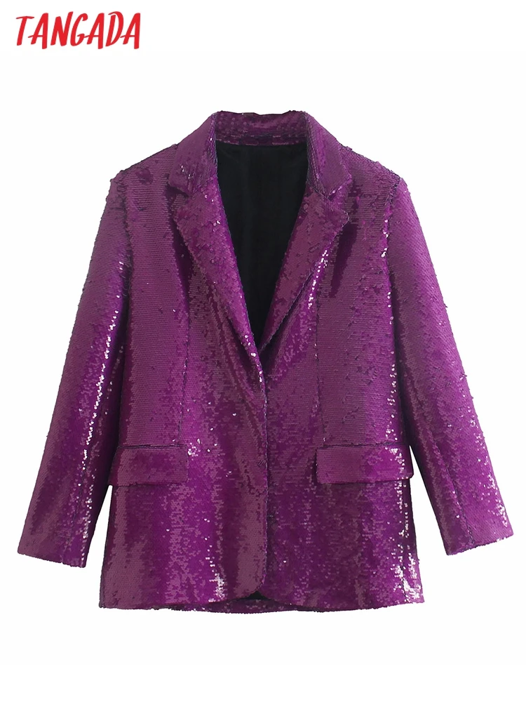 

Tangada Women Vintage Beading Purple Blazer Female Long Sleeve Elegant Jacket Ladies Party Suits QD28
