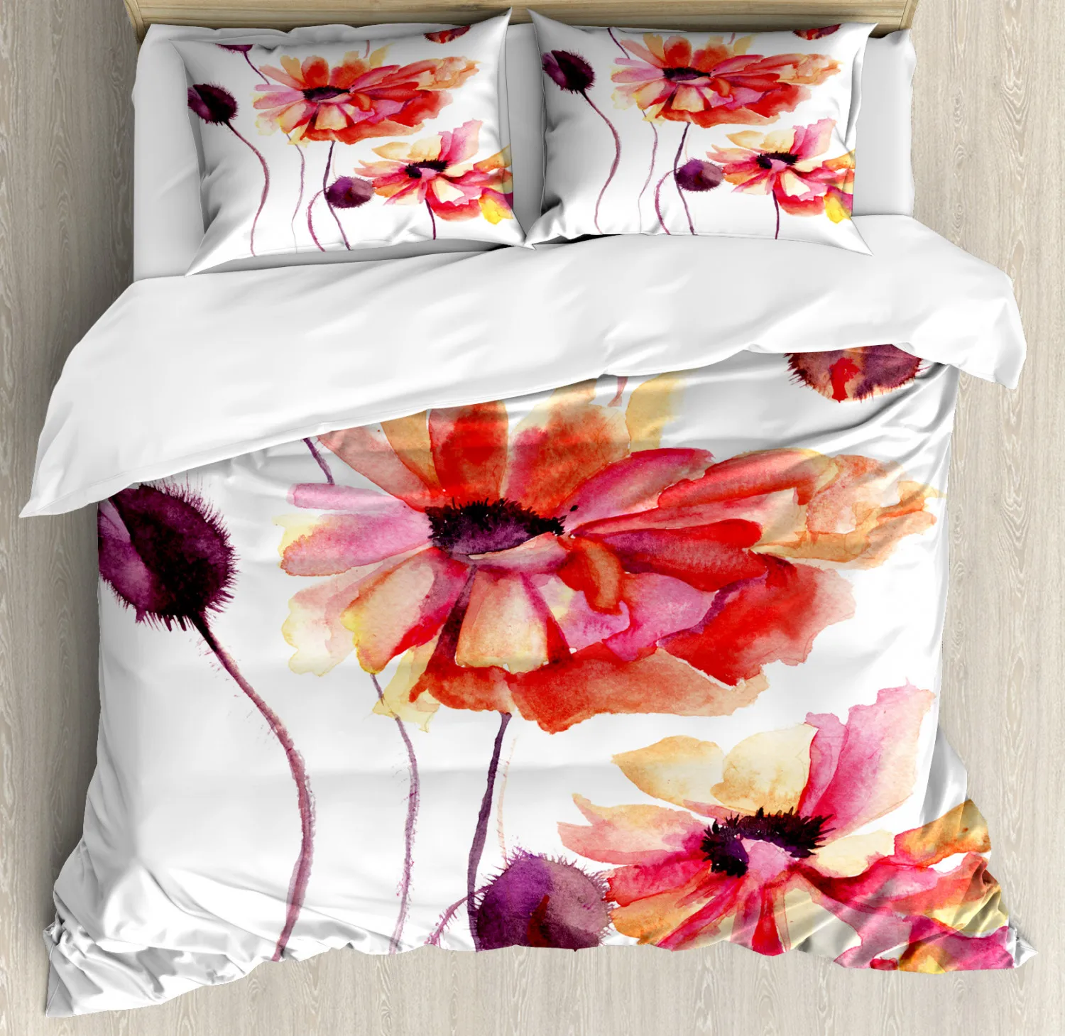 

Watercolor Flower Duvet Cover King Queen Poppies Nature Buds White Scarlet Quilt Cover Floral Polyester Bedding Set Wildflower