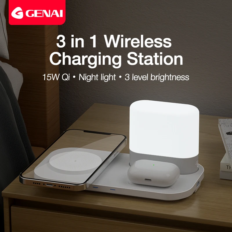 

GENAI New Wireless Charging Station 3 in 1 Charger Stand 15w Fast Charging Dock with Night Light for iPhone iWatch iPad AirPods