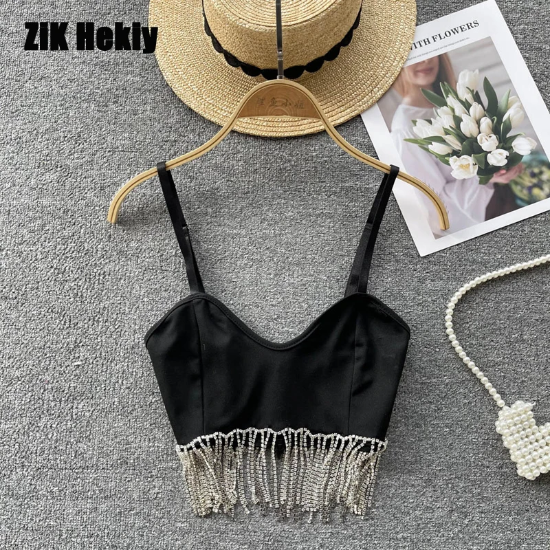 

Zik Hekiy Women's Fashion Design Chain Tassel Sexy Hot Camisole Top with V-Neck Sheath Sexy Top