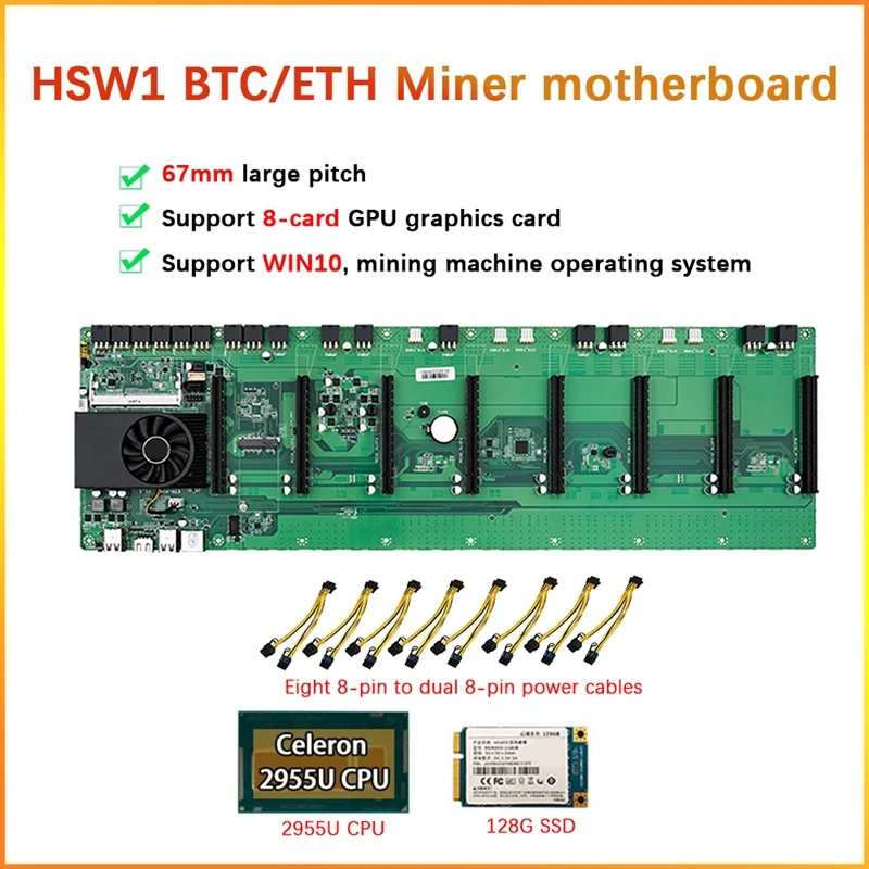 

Материнская плата HSW1 8 карт ETH/BTC для майнинга + 2955U CPU + вентилятор + 128G SSD + 8X кабель питания 8 PCIE X16 слот 67 мм DDR3 SODIMM RAM MSATA