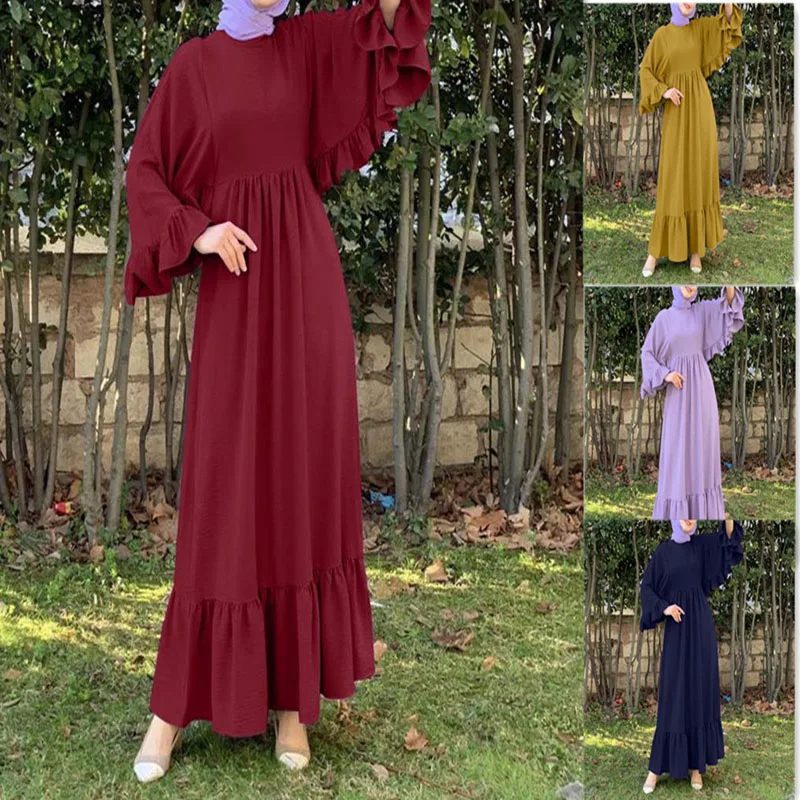 

Fahion Muslimah Ruffled Casual Long Sleeve Solid Color Dubai Turkish Abaya Dress Muslim Kaftan Robe Party Sundress