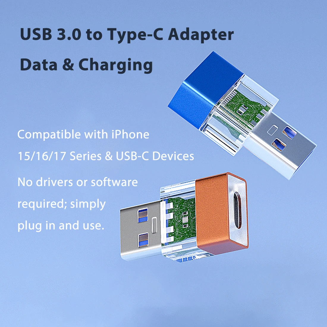 Фото Адаптер USB 3.0 на Type-C OTG, 2-в-1: передача данных и зарядка, совместим с iPhone серий 15/16/17 и устройствами USB-C №1