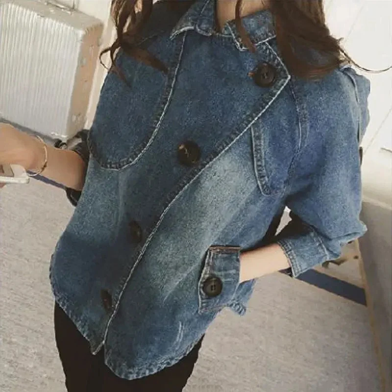

2022 NEW Female Short Denim Jacket Spring Autumn Casual Outerwear Top Three-Quarter Sleeve Cape Basic Coat Womens Clothing Trend