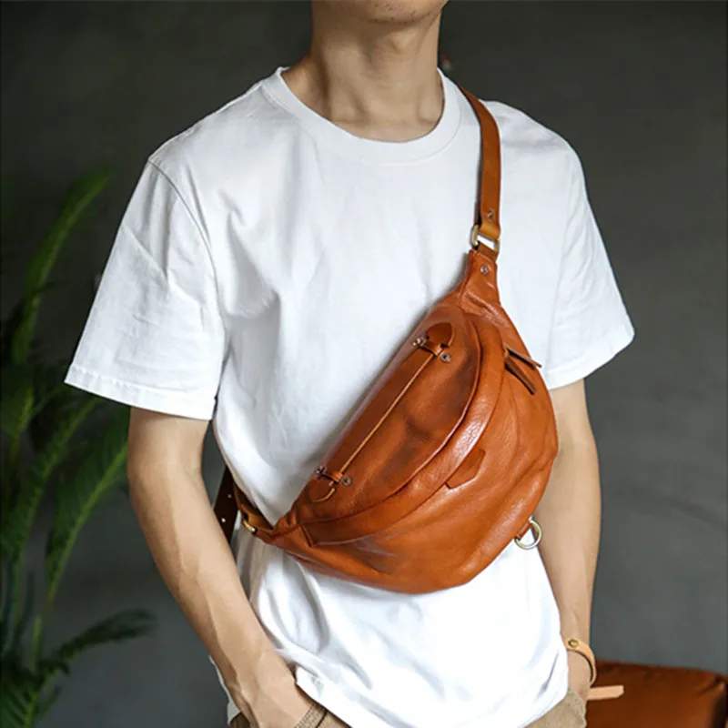 Fashion casual luxury genuine leather men's chest bag organizer designer high quality real cowhide outdoor black crossbody bags