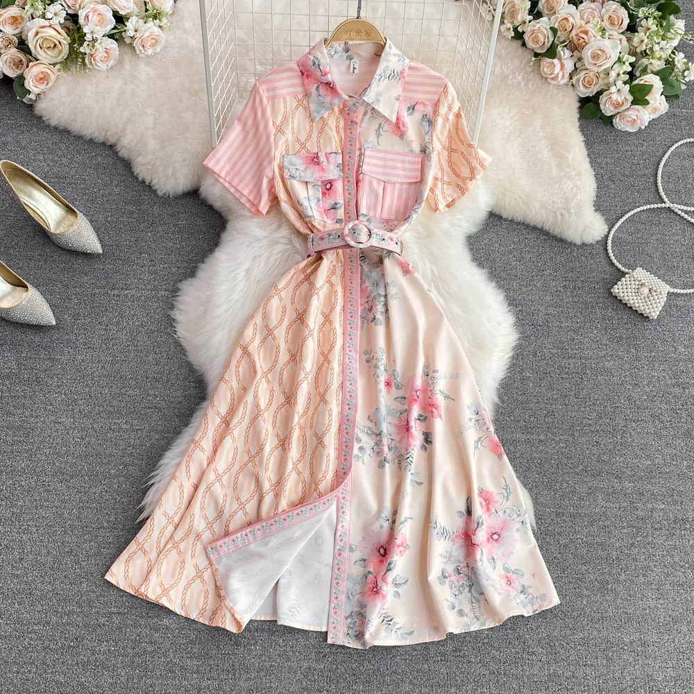 

VANOVICH 2022 Лето корейский стиль темпераментная мода воротник поло облегающее розовое милое однобортное Платье трапециевидного силуэта с прин...