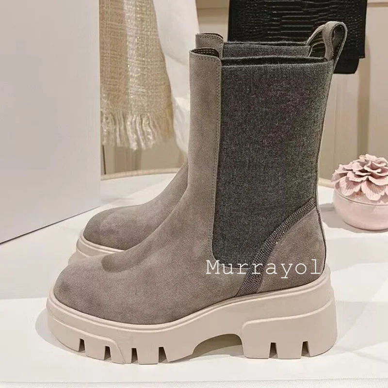 Короткие сапоги с декором из бисера и толстой подошвой женские ботинки коровьей