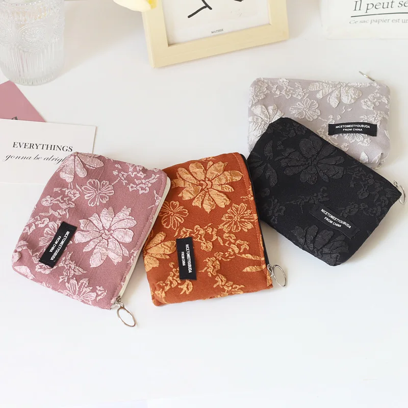 Women Cute Coin Purse Jacquard Fabric Mini Pouch Portable Change Purse Korean Style Floral Coin Bags Credit Card Keys Wallets