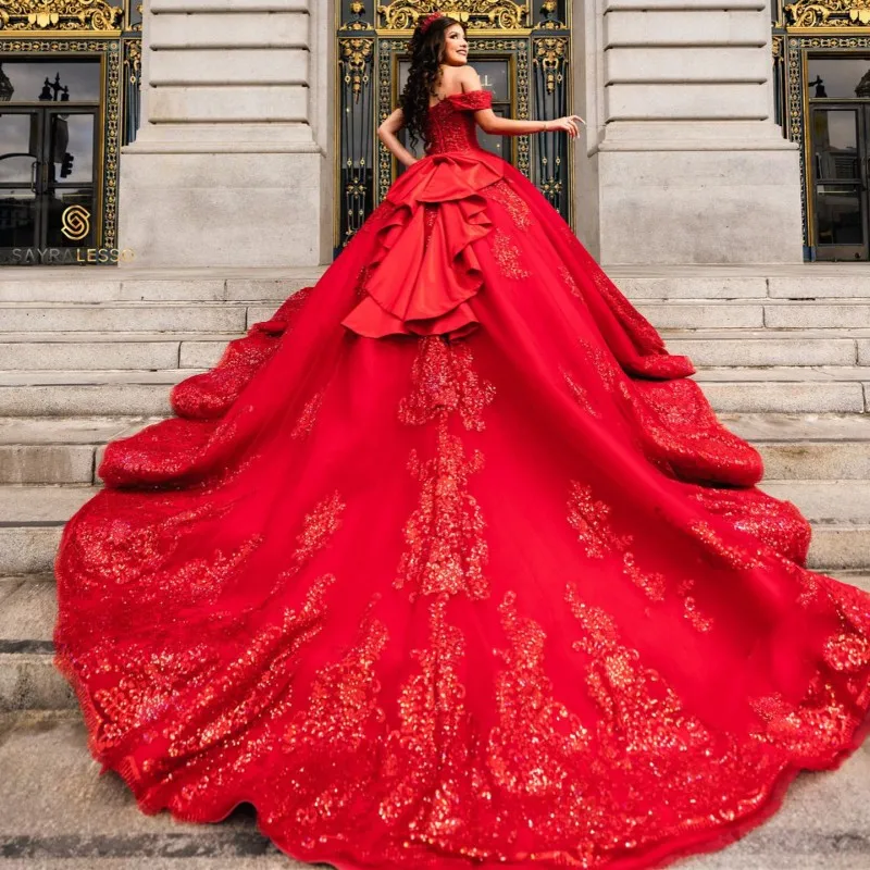 

Doymeny Sparkly Sequined Lace Quinceanera Dresses Red Off Shoulder Appliques Ruffles cathedral train Crystal prom vestido 15