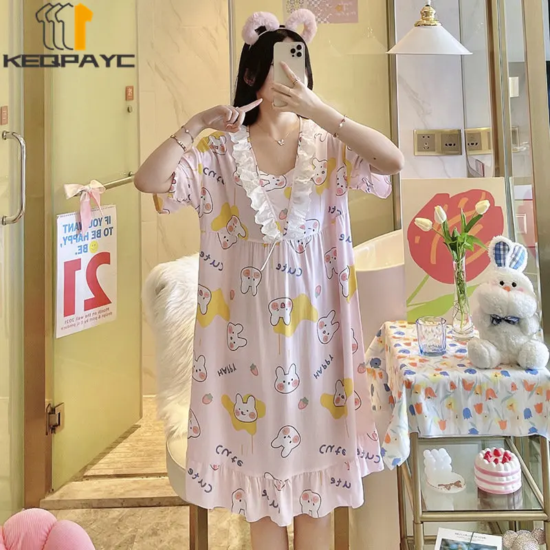 New 2023 Women's Sweet Nightgowns Spring Summer Women Short Sleeve Cartoon Floral Thin Sleeping Dress Sleepwear Casual Pajamas