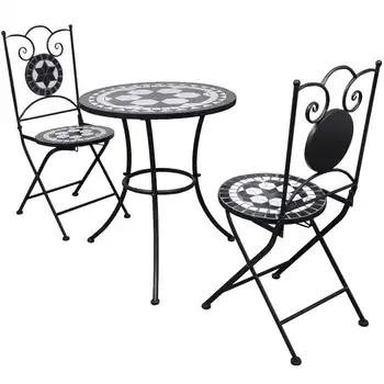 3 Piece Bistro Set Ceramic Tile Black and White Outdoor Table and Chair Sets Outdoor Furniture Sets