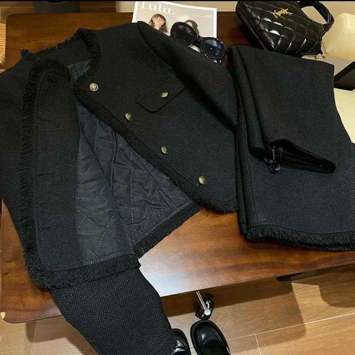

UNXX Quilted Thickened Women's suit jacket skirt set 2023 Autumn and Winter New Tassel Elegant Suit Top Skirt Slim Two-piece Set