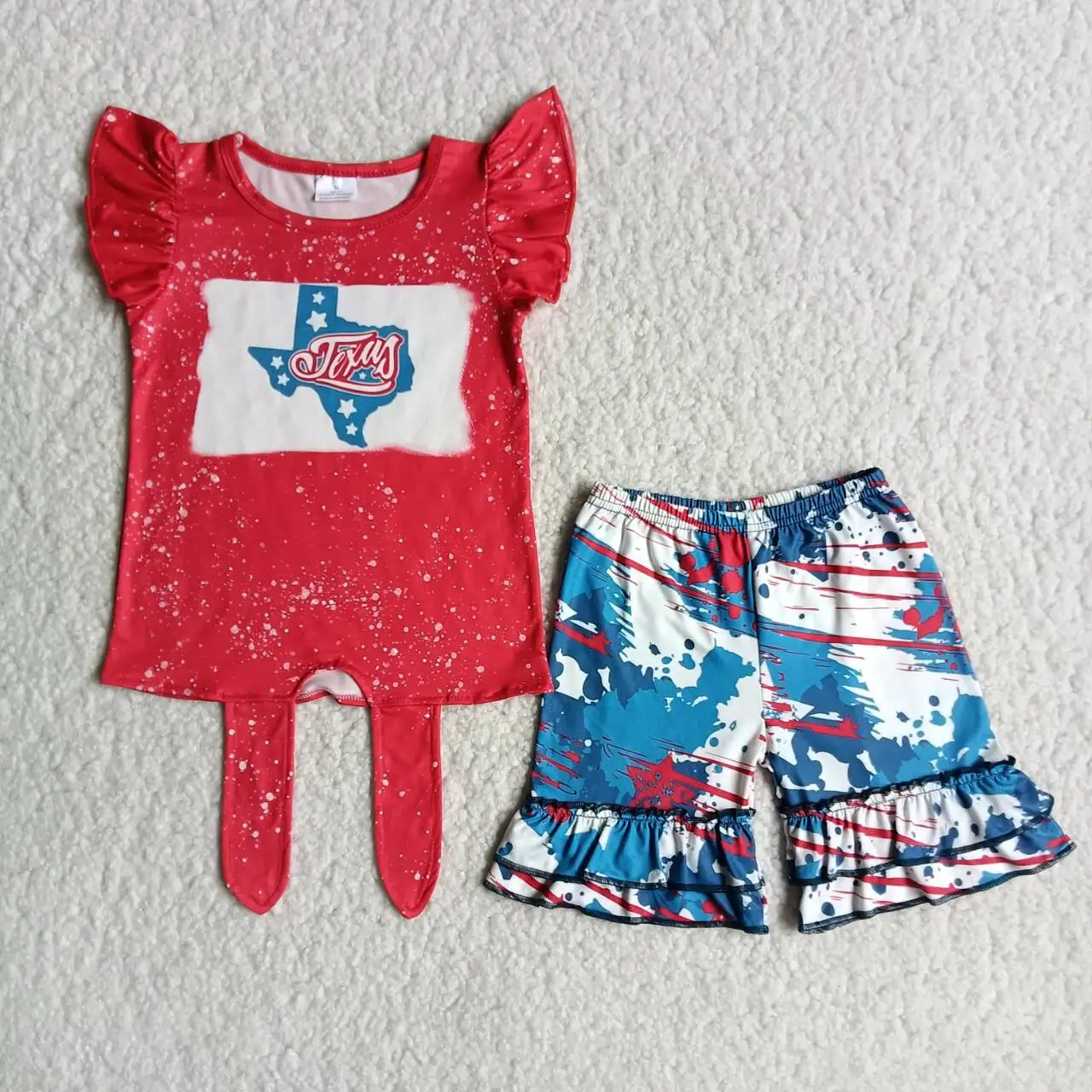 

Kids RTS Fashion 2022 Daily Wearing Summer Girls Clothing Sets Red Flying Sleeves Top Boutique Outfits Baby Blue Shorts Sets