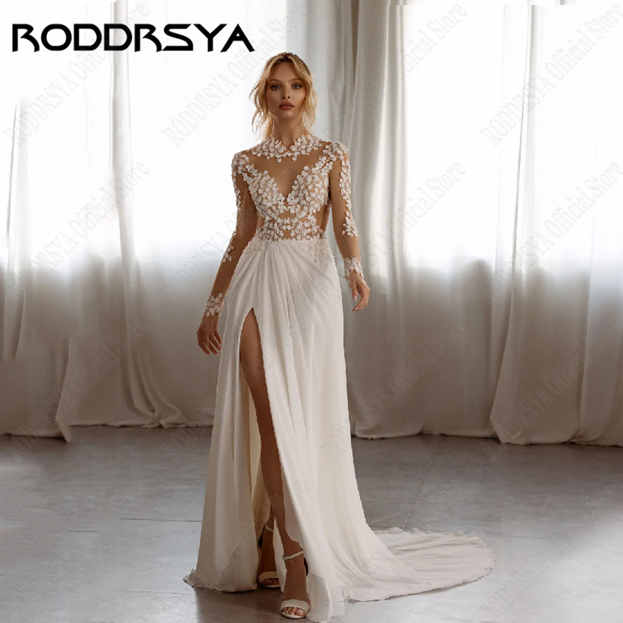 Женское шифоновое свадебное платье RODDRSYA расширяющееся книзу с разрезом сбоку