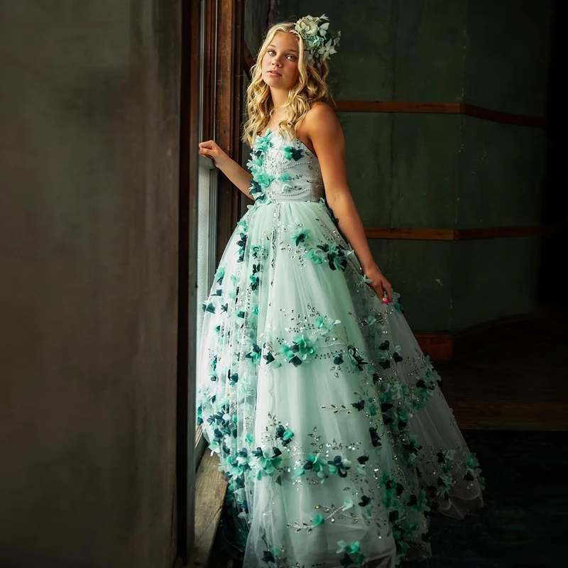 

Floral Beaded Green Flower Girls Dresses Spaghetti Strap Kids Pageant Gowns Beading Handmade Toddlers Birthday Photoshoot Wear