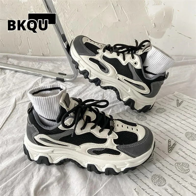 

BKQU Women Chunky Sneakers Thick Bottom flat Fashion Mesh Casual Shoes Comfortable White Vulcanize Running Walking Female Shoes