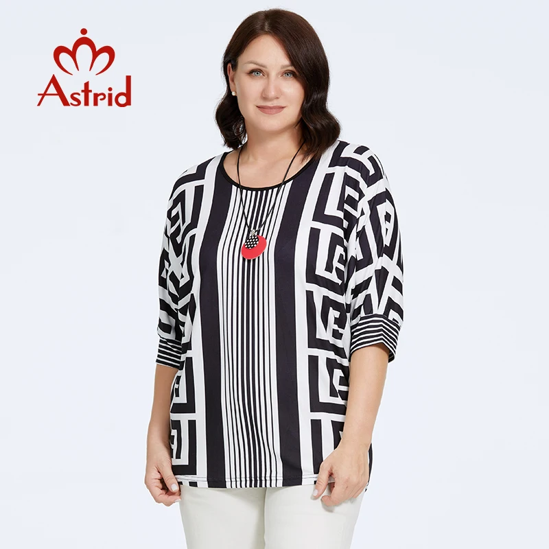 Astrid Осенняя женская футболка 2023 Хлопок Женский Топ оверсайз модная в полоску с