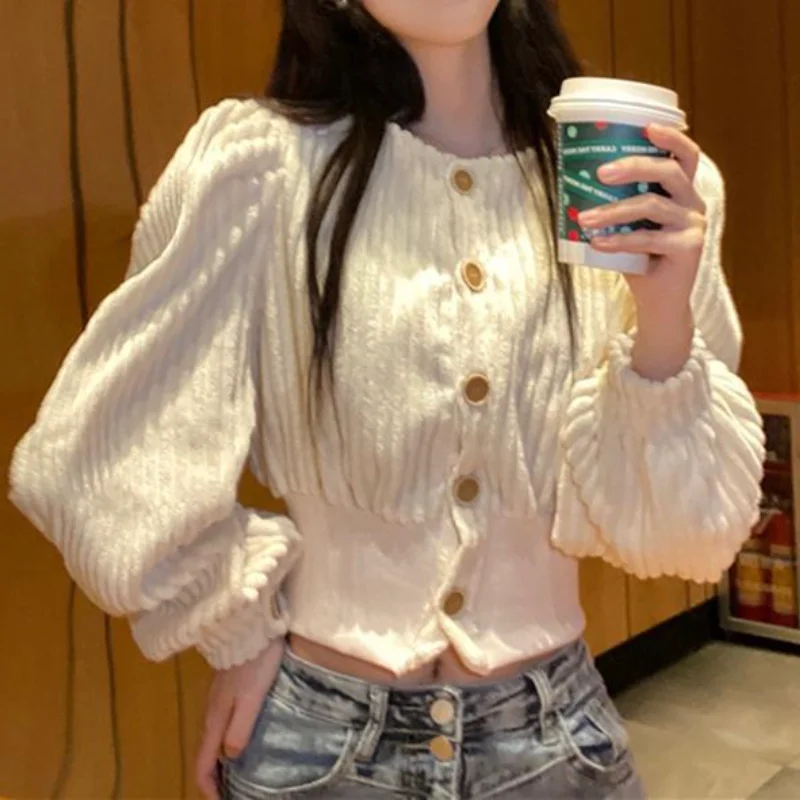 

Женская укороченная Вельветовая блузка Koamissa в Корейском стиле, рубашка с длинным рукавом, однобортная Блузка на весну и осень, 2022